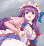  1girl blue_bow book bow breasts capelet commentary crescent crescent_hat_ornament dress grey_background hair_bow hat hat_ornament large_breasts long_hair long_sleeves looking_at_viewer mob_cap multiple_hair_bows namiki_(remiter00) open_mouth pantyhose patchouli_knowledge pink_capelet pink_dress pink_hat purple_eyes purple_hair red_bow solo striped_clothes striped_dress touhou vertical-striped_clothes vertical-striped_dress very_long_hair white_pantyhose 