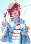  1girl :d alternate_costume ange_katrina animal_print aubrey_(kyarairo) blue_background blue_eyes blue_kimono braid commentary_request crossed_bangs fish_ornament fish_print flower goldfish_print gradient_background hair_between_eyes hair_flower hair_intakes hair_ornament hand_fan hand_up head_tilt highres holding holding_fan japanese_clothes kanzashi kimono long_bangs long_sleeves looking_at_viewer nail_polish nijisanji obi obidome obijime open_mouth paper_fan pink_nails print_kimono red_hair sash sidelocks smile solo summer tsumami_kanzashi twitter_username uchiwa updo upper_body virtual_youtuber white_background white_flower white_kimono white_sash wind_chime yukata 
