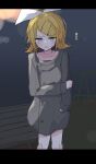  1girl bench blonde_hair blue_eyes blush bow coat collarbone commentary_request cowboy_shot disgust exhibitionism grey_coat hair_bow hair_ornament hairclip hand_on_own_arm highres kagamine_rin letterboxed looking_at_viewer medium_hair naked_coat night open_mouth outdoors parallel_hairclips park_bench parted_bangs playground public_indecency sidelocks solo standing sweat thighs thinker25075754 translation_request vocaloid white_bow 