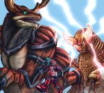  2boys absurdres agato0996 alien armor battle captain_omegahorn chest_guard claws colored_skin commentary_request compound_eyes crossover dinosaur enkaku_(omegahorn) genre_connection giant giant_monster gloves glowing glowing_eyes glowing_horns gomora green_eyes highres holding horns kaiju kakusei_hunter_omegahorn looking_at_another monster multicolored_skin multiple_boys multiple_horns no_pupils nose_horn open_mouth pectorals powering_up red_eyes red_scales reimon reimon_(burst_mode) reionic_burst_gomora roaring scales sharp_teeth shoulder_armor silver_skin single_horn tail teeth tokusatsu trait_connection ultra_galaxy_(series) ultra_galaxy_mega_dai-kaijuu_battle ultra_series wrist_blades 