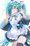  1girl animal_ear_fluff animal_ears apron aqua_eyes aqua_hair aqua_ribbon aqua_trim artist_name black_dress black_sleeves black_thighhighs buro_moon cat_ears cat_girl cat_tail claw_pose commentary dated detached_sleeves dress fang frilled_thighhighs frills garter_belt hair_between_eyes hands_up hatsune_miku highres long_hair looking_at_viewer maid maid_apron maid_headdress number_tattoo ribbon shoulder_tattoo simple_background smile solo sparkle tail tattoo thighhighs twintails twitter_username very_long_hair vocaloid white_background white_garter_belt wide_sleeves zettai_ryouiki 