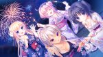  4girls aerial_fireworks back_bow black_kimono blonde_hair blue_eyes blue_kimono bow bow_hairband breasts cleavage closed_eyes closed_mouth collarbone donut_hair_bun double_bun dutch_angle farnese_atlas fireworks floral_print flower forest game_asset grey_hair hair_bun hair_flower hair_intakes hair_ornament hairband hairclip hands_up highres holding hoshi_furu_yoru_no_farnese jacqueline_sprenger japanese_clothes kimono kimono_partially_removed long_hair long_sidelocks medium_hair mountain multiple_girls nature night non-web_source obi obijime open_mouth orihime_n._astil outdoors parted_lips pink_bow pink_hair pink_sash ponytail purple_bow purple_eyes purple_kimono purple_sash red_bow red_sash sandals sash self-datamine senkou_hanabi sidelocks single_hair_intake sky sparkler spread_fingers squatting standing tucking_hair two_side_up very_long_hair white_kimono yukata yukie_(peach_candy) yves_klein zouri 