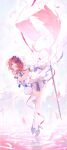  1girl absurdres bare_shoulders black_dress breasts cleavage commentary_request detached_sleeves dress high_heels highres holding holding_sword holding_weapon large_breasts medium_hair pink_hair purple_eyes remielle_dan solo standing standing_on_liquid sword thighhighs thighs urkt_10 weapon white_thighhighs white_wings wings zenless_zone_zero 