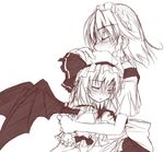  bat_wings brown closed_eyes hand_on_another's_head hat hug izayoi_sakuya maid mob_cap monochrome multiple_girls remilia_scarlet touhou wings yumesato_makura 