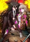  1boy 1girl absurdres black_hair black_necktie black_suit bleeding blood carrying carrying_person colored_blood commission commissioner_upload danganronpa_(series) danganronpa_3_(anime) highres kamukura_izuru lewdkuma long_hair looking_at_viewer nanami_chiaki necktie official_alternate_costume official_style pink_blood pink_eyes red_eyes suit thighhighs torn_clothes torn_thighhighs v-shaped_eyebrows very_long_hair 