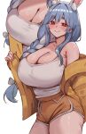  1girl absurdres alternate_costume animal_ear_fluff animal_ears arm_behind_back armpit_crease artist_name ass blue_hair bow braid braided_ponytail breasts camisole cleavage closed_mouth collarbone commentary cowboy_shot dolphin_shorts drawstring extra_ears grey_bow hair_between_eyes hair_bow hair_over_shoulder hand_up highres hololive huge_breasts jacket lifting_own_clothes long_hair long_sleeves looking_at_viewer low-tied_long_hair mature_female meeko_illus mole mole_on_breast multicolored_hair multiple_views off_shoulder open_clothes open_jacket orange_jacket orange_shorts pekomama rabbit_ears rabbit_girl red_eyes ring_light_reflection shirt short_eyebrows shorts smile standing striped_blush sweat taut_clothes taut_shirt thick_eyebrows thick_thighs thighs tied_drawstring twitter_username untranslatable_commentary virtual_youtuber white_background white_camisole white_hair 