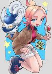  1girl :d absurdres belt blonde_hair blue_eyes blue_shoes bracelet brown_jacket commentary_request eyelashes highres jacket jewelry light_blush long_sleeves meowstic meowstic_(female) open_clothes open_jacket open_mouth pokemon pokemon_(creature) pokemon_legends:_z-a rara_(user_hmrm3822) red_shirt ribbed_shirt shirt shoes shorts smile star_(symbol) taunie_(pokemon) 