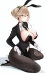  1girl absurdres ade_(agent_bunny)_(nikke) ade_(nikke) animal_ear_hairband animal_ears between_breasts black_leotard black_necktie blonde_hair blush braid braided_base breasts bun_with_braided_base clothes_between_breasts clothing_cutout clover_hair_ornament commentary earpiece fake_animal_ears fishnet_pantyhose fishnets four-leaf_clover_hair_ornament gloves goddess_of_victory:_nikke green_eyes hair_bun hair_ornament hairband highres large_breasts leotard medium_sidelocks navel_cutout necktie necktie_between_breasts official_alternate_costume pantyhose playboy_bunny pynkmouth rabbit_ear_hairband rabbit_ears solo 