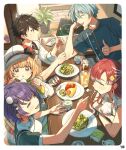  2boys 3girls :d :o absurdres arm_rest black_hair blonde_hair blue_hair braid cafe cellphone character_doll closed_eyes commentary crossed_arms cup day doll eating egg_hair_ornament elbow_rest feeding food food-themed_hair_ornament food_in_mouth fork from_side ha_nonbiri hair_ornament hat highres holding holding_fork indoors kirara_tamako kirara_tamako_(1st_costume) long_hair long_sleeves multicolored_hair multiple_boys multiple_girls nagisa_trout nagisa_trout_(1st_costume) nanase_suzuna nanase_suzuna_(1st_costume) nijisanji omelet open_mouth pasta phone plant potted_plant purple_hair purple_streaks red_hair sakayori_soma sakayori_soma_(1st_costume) saotome_berry saotome_berry_(1st_costume) shirt short_hair short_sleeves smartphone smile speciale_(nijisanji) spoon streaked_hair table thumbs_up twin_braids virtual_youtuber white_hat white_shirt white_streaks yellow_eyes 