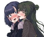  2girls @_@ absurdres akiha_school_uniform bang_dream! bang_dream!_yumemita black_shirt blush commentary_request extreme_yuri_buta fuji_miyako green_hair hair_bun hand_on_another's_cheek hand_on_another's_face highres licking licking_another's_face multiple_girls one_side_up open_mouth purple_eyes saliva school_uniform shirt simple_background single_side_bun textless_version viola_(bang_dream!) white_background yuri 