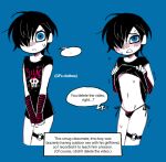  ... 1boy belt black_eyeliner black_hair black_shirt black_thong blue_background blue_eyes blush bulge commentary elbow_gloves emo_fashion english_commentary english_text eyeliner forced_exposure gloves hair_over_eyes makeup male_focus multiple_expressions multiple_views original panties pulling_own_clothes shirt short_hair simple_background skeleton_print speech_bubble spoken_ellipsis stomach striped_clothes striped_gloves suckillpak t-shirt thigh_belt thigh_strap thong thong_panties toon_(style) trap typo underwear 