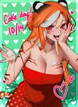  1girl absurdres breast_tattoo breasts cleavage commentary cream cream_on_breasts dated dress english_commentary facial_tattoo fingernails hair_bun highres licking licking_hand long_fingernails multicolored_hair off_shoulder orange_hair original red_dress red_eyes red_nails red_panda_ears shoulder_tattoo streaked_hair tattoo ttrumiie white_streaks 