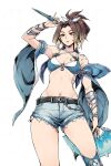  1girl anran_(overwatch) belt bikini blonde_hair blue_bikini bracelet breasts brown_hair cutoffs denim detached_sleeves folding_fan gradient_hair hairband hand_fan highres jewelry long_hair medium_breasts mole mole_under_eye multicolored_hair navel official_alternate_costume overwatch potato_tacos red_nails short_shorts shorts shoulder_tattoo swimsuit tattoo 