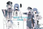  2girls blue_hair clipboard commentary_request dreamcatcher expressionless gun hat hecate_(path_to_nowhere) highres holding holding_clipboard holding_gun holding_weapon looking_at_another multiple_girls multiple_views nightingale_(path_to_nowhere) path_to_nowhere weapon white_background yhuang1378 