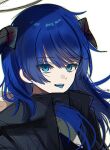  1girl arknights black_horns black_jacket blue_eyes blue_hair blue_tongue chromatic_aberration colored_tongue commentary halo horns jacket long_hair looking_at_viewer mostima_(arknights) open_mouth portrait shiroiro_obake simple_background sketch solo tongue tongue_out traditional_halo white_background 
