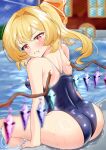  1girl absurdres alternate_costume ass blonde_hair blue_one-piece_swimsuit blurry blush closed_mouth commentary_request crystal crystal_wings depth_of_field flandre_scarlet hair_ribbon highres kanatsu_(izayoi_f2202) looking_at_viewer multicolored_wings one-piece_swimsuit one_side_up pool pout red_ribbon ribbon ring_light_reflection school_swimsuit sitting solo swimsuit thighs touhou water wet wings 