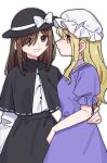  2girls alternate_hair_length_(longer) black_capelet black_hat black_skirt blonde_hair bow brown_eyes brown_hair capelet closed_mouth collared_dress commentary_request dress grin hat hat_bow highres long_hair long_sleeves looking_at_viewer magical_astronomy maribel_hearn mob_cap multiple_girls nnn_lu puffy_short_sleeves puffy_sleeves purple_dress ribbon-trimmed_capelet ribbon_trim shirt shirt_tucked_in short_sleeves simple_background skirt smile touhou usami_renko white_background white_bow white_hat white_shirt yellow_eyes 