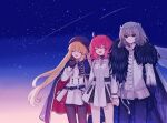  1boy 2girls ^_^ absurdres ahoge arthropod_limbs artoria_caster_(fate) artoria_caster_(second_ascension)_(fate) artoria_pendragon_(fate) black_gloves blonde_hair blue_cape blue_eyes cape closed_eyes closed_mouth commentary dress empty_eyes fate/grand_order fate_(series) fujimaru_ritsuka_(female) fujimaru_ritsuka_(female)_(decisive_battle_chaldea_uniform) gloves grey_hair hand_on_own_chest hand_up head_tilt highres holding_hands insect_wings koromo_(osakana0525) long_hair long_sleeves low_twintails medium_hair multiple_girls oberon_(fate) oberon_(third_ascension)_(fate) open_mouth shirt shooting_star sky smile star_(sky) starry_sky twintails very_long_hair white_dress white_shirt wings yakudo_trio 