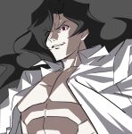  1boy abs black_hair collared_shirt evil_grin evil_smile eyes_visible_through_hair floating_hair grey_background grin hair_over_one_eye highres looking_ahead male_focus melty_blood michael_roa_valdamjong open_clothes open_shirt pale_skin pectorals red_eyes shade shirt smile solo tsukihime upper_body vampire wavy_hair white_shirt wide-eyed wing_collar zeijak 