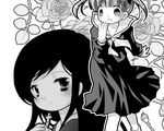  black_hair blush cross fukuzawa_yumi greyscale hand_to_own_mouth holding latin_cross looking_at_viewer maria-sama_ga_miteru monochrome multiple_girls ogasawara_sachiko school_uniform serafuku short_hair smile suzuki_kokono twintails 