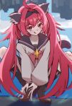  1girl ahoge alternate_hair_length_(longer) animal_ears black_sailor_collar black_shoes black_socks cardigan cat_ears cat_girl cat_tail closed_mouth commentary_request highres long_hair looking_at_viewer nanally_(nte) nanally_(the_popular_kid)_(nte) neverness_to_everness red_eyes red_hair sailor_collar shoes socks solo tail twintails very_long_hair white_cardigan yame_pi 