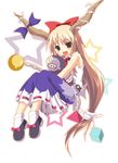  :d artist_request belt blonde_hair blush bow brown_eyes chain child full_body gourd hair_bow horns ibuki_suika large_bow long_hair looking_at_viewer low-tied_long_hair open_mouth ponytail shoes simple_background sitting skirt smile socks solo source_request star starry_background studded_belt touhou very_long_hair 