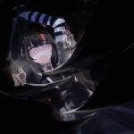  1girl animal_ear_headphones animal_ears arm_belt asymmetrical_sleeves belt_collar black_choker black_hair black_sweater bound cat_ear_headphones cat_ears choker collar commentary_request constricted_pupils execution eyeball_hair_ornament fake_animal_ears headphones highres laby9 long_sleeves mahou_shoujo_no_majo_saiban multicolored_hair open_mouth orange_eyes orange_streaks sawatari_coco sharp_teeth shirt short_hair smile solo speech_bubble spoilers streaked_hair striped_sleeves stuffed_animal stuffed_cat stuffed_toy sweater teeth tied_up_(nonsexual) white_shirt 