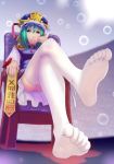  1girl bare_legs barefoot feet green_eyes green_hair highres legs legs_crossed long_sleeves panties pantyshot shiki_eiki short_hair sitting soles solo soon thighhighs toe_scrunch toes touhou underwear white_background white_panties 