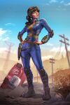  1girl blue_sky boots brown_hair bush cloud commentary douglas_bicalho elbow_pads english_commentary fallout fallout_(prime_video) full_body gun handgun hands_on_own_hips highres knee_pads looking_to_the_side lucy_maclean nuka-cola outdoors pip_boy ponytail power_lines road ruins signature single_vambrace sky solo vambraces vault_suit vending_machine weapon wrist_computer 