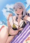  1girl :p aircraft aqua_eyes barbell_piercing beach bikini black_hair blue_sky braid braided_bangs breasts bright_pupils cleavage cloud colored_tips commentary commission day ear_piercing english_commentary grey_hair highres hololive hololive_indonesia hot_air_balloon industrial_piercing jewelry kangbus large_breasts long_hair looking_at_viewer lying multi-strapped_bikini_bottom multi-strapped_bikini_top multicolored_hair necklace o-ring o-ring_bikini on_side outdoors pavolia_reine piercing sky solo strap_lift swimsuit tongue tongue_out very_long_hair virtual_youtuber white_pupils 