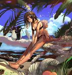  1girl animal ankle_ribbon back-to-back barefoot bikini bikini_top bird blush brown_eyes brown_hair child cloud copyright_request day egg feet fish fishing fishing_rod legs long_legs morii_shizuki nude outdoors penguin ribbon side-tie_bikini solo_focus swimsuit thighs tree water 