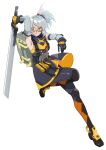  1girl absurdres ammunition_pouch arm_up armpits bare_shoulders belt black_dress black_gloves commentary_request dress gloves goggles grey_sleeves hair_between_eyes highres holding holding_sword holding_weapon knee_pads looking_at_viewer open_mouth orange-tinted_eyewear orange_eyes ponytail pouch sleeveless sleeveless_jacket soldier_11_(zenless_zone_zero) solo standing standing_on_one_leg sword tinted_eyewear twitter_username weapon white_background white_hair yellow-tinted_eyewear yellow_dress zenless_zone_zero zunda_kaku 