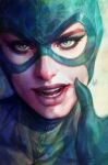  1girl batman_(series) black_shirt blood catwoman comic_cover commentary cover cover_page dc_comics english_commentary green_eyes highres looking_at_viewer mask official_art open_mouth portrait shirt signature solo stanley_lau straight-on teeth textless_cover_page textless_version watercolor_effect wiping_blood 
