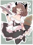  1girl :3 alternate_costume animal_ears apron black_corset black_skirt black_thighhighs black_wrist_cuffs border breasts brown_eyes brown_hair choko_(cup) cleavage commentary corset cup dot_pupils full_body futatsuiwa_mamizou green_background holding holding_tray index_finger_raised leaf leaf_on_head looking_at_viewer maid_headdress medium_breasts medium_hair one_eye_closed outline petticoat puffy_short_sleeves puffy_sleeves raccoon_ears raccoon_girl raccoon_tail semi-rimless_eyewear shirt short_sleeves skirt solo tail thank_you thighhighs tokkuri touhou tray tyrant_sugawara white_apron white_border white_outline white_shirt wrist_cuffs 