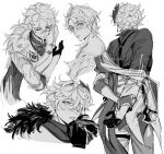  1boy ahoge aitsuwu arms_behind_back artist_name bare_shoulders belt cape closed_eyes closed_mouth coat cowboy_shot english_commentary fatui_coat freckles from_behind from_side fur-trimmed_cape fur-trimmed_coat fur_trim genshin_impact gloves greyscale hair_between_eyes hair_over_one_eye hand_up highres jacket lips long_sleeves looking_at_viewer looking_to_the_side male_focus mask mask_on_head military_jacket military_uniform monochrome multiple_views o-ring o-ring_belt open_clothes open_coat open_jacket pants scarf short_hair simple_background sketch smile standing steam suspenders tartaglia_(genshin_impact) teeth thigh_strap upper_body 