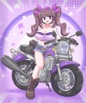  1girl alternate_breast_size_(larger) alternate_costume belt black_gloves blue_shorts breasts brown_belt brown_hair cleavage commentary_request full_body gloves hair_ribbon hat highres himekaidou_hatate large_breasts long_hair looking_at_viewer midriff motor_vehicle motorcycle nitori_electronics_(touhou) on_motorcycle open_mouth purple_background purple_hat purple_ribbon ribbon riding riding_motorcycle shorts smile solo star_(symbol) temu thighs tokin_hat touhou twintails 