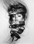  1boy 1girl abstract batman batman_(series) catwoman charcoal_(medium) commentary dc_comics english_commentary highres looking_at_viewer mask monochrome parted_lips scan stanley_lau surreal traditional_media whip 
