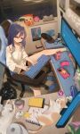  1girl :< absurdres aged_up ahoge animal black-framed_eyewear black_shorts blue_hair bottle can cat chair character_request charger clock closed_eyes collarbone commentary_request computer computer_keyboard computer_mouse copyright_request digital_clock doma_umaru drink_can energy_drink figure gaming_chair glass glasses hair_between_eyes highres hikimori_1 himouto!_umaru-chan indoors izumi_konata kimi_no_na_wa. kirby kirby_(series) knees komaru_(himouto!_umaru-chan) legs_on_table long_hair lucky_star messy_room microphone milk_bottle mole mole_under_eye monitor notebook off-shoulder_shirt off_shoulder on_chair paper parted_lips phone poster_(object) shirt short_shorts shorts sitting sleepy slippers star_(symbol) strap swivel_chair thick_eyebrows tissue_box trash_bag unworn_eyewear unworn_slippers white_shirt 