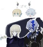  1boy 2girls ahoge ahoge_removed antenna_hair armor armored_dress artist_name artoria_pendragon_(fate) black_armor black_dress black_robe black_sclera blonde_hair blue_bow blue_eyes blue_fire bow braid braided_bun breastplate closed_mouth colored_sclera cracked_skin crossed_bangs dress empty_eyes expressionless fate/stay_night fate/unlimited_blade_works fate_(series) fire flying_sweatdrops gauntlets grabbing_another's_hair green_eyes grey_hair hair_between_eyes hair_bow hair_bun half-closed_eyes head_only highres holding_another's_hair honkai:_star_rail honkai_(series) hooded_robe juliet_sleeves long_hair long_sleeves looking_afar looking_at_another looking_at_viewer multiple_girls multiple_views nervous nervous_sweating open_mouth pale_skin phainon_(flame_reaver)_(honkai:_star_rail) phainon_(honkai:_star_rail) puffy_sleeves purple_eyes robe saber_(fate) saber_(honkai:_star_rail)_(fate) saber_alter saber_alter_(fate/stay_night) short_hair sidelocks simple_background smile stelle_(honkai:_star_rail) sweat trailblazer_(honkai:_star_rail) umenoume upper_body white_background yellow_eyes yellow_pupils 
