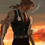  1boy arthropod_limbs belt black_pants black_vest blood blood_on_clothes blood_on_face brown_eyes brown_hair cigarette cloud collared_shirt commentary_request cowboy_shot facial_hair from_side glasses gregor_(project_moon) highres id_card limbus_company looking_to_the_side low_ponytail male_focus mashumarohantaa_wa_yuku necktie orange_sky pants ponytail project_moon red_necktie semi-rimless_eyewear shirt sky smoke smoking solo stubble sunset vest white_shirt 