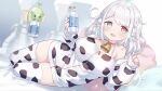  1girl :d absurdres animal_print bell blue_eyes blurry blurry_background blush bottle breasts choker commentary commission cow_print cow_print_thighhighs cowbell full_body heterochromia highres hiraga_matsuri holding holding_bottle large_breasts long_hair long_sleeves looking_at_viewer lying milk_bottle neck_bell on_side open_mouth original pillow pointy_ears print_shirt print_thighhighs red_choker red_eyes shirt sidelocks single_bare_shoulder skeb_commission smile solo thighhighs white_hair white_shirt 