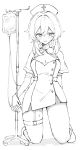  1girl alternate_costume arm_at_side arm_behind_back blush breasts cleavage cleavage_cutout clothing_cutout contemporary cross cross_print dress elbow_gloves eyelashes fingerless_gloves full_body garter_belt genshin_impact gloves greyscale hair_between_eyes hat highres intravenous_drip iv_stand kneeling looking_at_viewer lumine_(genshin_impact) medium_breasts monochrome nurse nurse_cap parted_lips short_dress short_hair short_hair_with_long_locks short_sleeves sidelocks single_thighhigh solo straight-on sweatdrop thighhighs tsurime watari_0208 white_background 