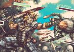  abs armor bag battle belt blonde_hair blood blood_on_face blood_on_weapon blue_sky bracelet breastplate brown_bag brown_belt cloud cloudy_sky collared_shirt colored_skin commentary_request covered_abs dagger day fantasy foot_out_of_frame forest from_below gloves goblin green_skin grey_gloves grey_pants grey_shirt health_bar helmet highres holding holding_dagger holding_knife holding_sword holding_weapon injury jewelry jun_(navigavi) knee_armor knife lips looking_at_another male_focus muscular muscular_male nature nose orange_hair original outdoors pants parted_lips pauldrons pectoral_cleavage pectorals pointy_ears shirt short_hair short_sleeves shoulder_armor single_pauldron sky solo_focus sword teeth thigh_armor toned toned_male translation_request vambraces very_short_hair weapon 