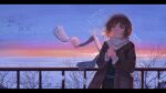  1girl absurdres asya_shubina bare_tree bird blush brown_coat brown_eyes brown_hair chinese_text cityscape clenched_hands coat commentary_request dated english_text flock glowing glowing_eyes highres jili51232 looking_up railing scarf scenery selection_box short_hair signature sky snow solo standing star_(sky) starry_sky sunset tree twilight upper_body white_scarf wind winter z.a.t.o._//_i_love_the_world_and_everything_in_it 