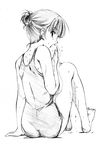  ahoge arm_support artist_request ass back bangs barefoot blunt_bangs covering_mouth feet from_behind full_body greyscale hair_bun hair_up hand_over_own_mouth looking_back mako-hime monochrome one-piece_swimsuit real_life real_life_insert school_swimsuit short_hair simple_background sitting sketch solo swimsuit towel wet 