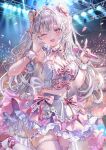  1girl ahoge artist_name bow breasts cleavage detached_collar double_bun falling_petals frilled_wrist_cuffs frills grey_hair hair_bow hair_bun hair_ribbon highres hiyori_(momoko) holding holding_microphone idol long_hair microphone midriff momoko_(momopoco) navel neck_ribbon one_eye_closed original petals pink_bow ribbon skirt skirt_bow solo stage_lights standing standing_on_one_leg sweat thigh_strap thighhighs very_long_hair white_skirt white_thighhighs white_wrist_cuffs wrist_cuffs zettai_ryouiki 