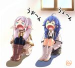  2girls =_= ahoge blue_hair boots braid brown_boots capelet commentary_request crossover crying earrings elf flower frieren frieren's_three-day_tantrum grey_hair hair_flower hair_ornament highres hugging_own_legs imzen jewelry knee_boots knees_up long_pointy_ears multiple_girls mushoku_tensei open_mouth pantyhose parted_bangs pointy_ears roxy_migurdia signature sitting skirt sousou_no_frieren teardrop_earrings tears twin_braids twintails white_boots white_capelet white_skirt 