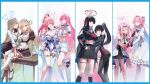  6+girls absurdres aemeath_(wuthering_waves) apron ass asuna_(blue_archive) bare_shoulders black_bodysuit black_dress black_hair black_serafuku black_shirt black_skirt blonde_hair blue_archive blue_hair blue_sailor_collar bodysuit breasts chisa_(wuthering_waves) cleavage colored_inner_hair commentary cosplay costume_switch crop_top crossover denia_(wuthering_waves) detached_sleeves dress english_commentary gloves hair_ornament halo hanako_(blue_archive) headphones headphones_around_neck highres large_breasts leotard long_hair looking_at_viewer low_wings lynae_(wuthering_waves) mika_(blue_archive) mujira_(mujira_15) multicolored_hair multiple_girls pink_hair ponytail red_eyes red_gloves rio_(armed)_(blue_archive) rio_(blue_archive) sailor_collar school_uniform serafuku shirt skirt smile white_dress white_leotard white_shirt white_skirt white_wings wings wuthering_waves 