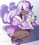  1girl absurdres blush breasts commentary_request dark-skinned_female dark_skin dress fascinator fishnet_pantyhose fishnets glove_bow gloves highres holding holding_poke_ball jacinthe_(pokemon) juliet_sleeves long_hair long_sleeves looking_at_viewer low_drills luxury_ball mega_stone open_mouth pantyhose poke_ball pokemon pokemon_legends:_z-a puffy_sleeves purple_dress purple_eyes purple_hair purple_shoes shoes smile solo squatting teeth toumyao_neko upper_teeth_only very_dark_skin white_gloves 