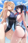  2girls absurdres alyssa_(specktech) armpit_crease ass beach_umbrella black_hair blonde_hair blue_eyes blue_hair blue_sky breasts closed_mouth cloud cloudy_sky commission covered_navel from_below hair_between_eyes highres kopepan_(kopepann11) large_breasts leg_between_thighs long_hair looking_at_viewer multicolored_hair multiple_girls numako_(pizza_kanon) one-piece_swimsuit original outdoors pink_eyes ponytail second-party_source shiny_skin sideboob skeb_commission sky standing swimsuit teeth thighs two-tone_hair umbrella 
